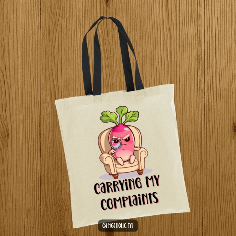 Funny tote bag graphic of a grumpy radish character sitting in a tiny armchair, examining details with a magnifying glass.