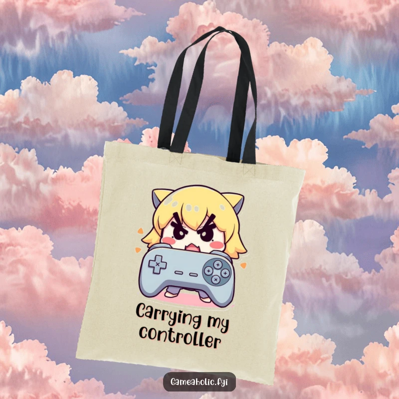 Funny tote bag featuring a cute character with a determined expression frantically mashing buttons on a controller.