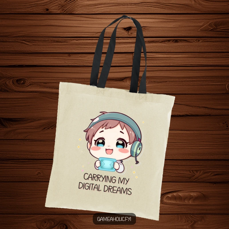 Funny tote bag featuring a character delightedly gazing at a flashing virtual world, perfect for carrying essentials.