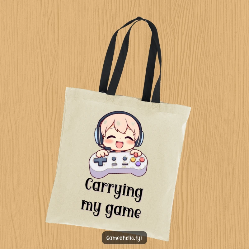 Funny tote bag with a character enthusiastically mashing large game controller buttons while wearing headphones.
