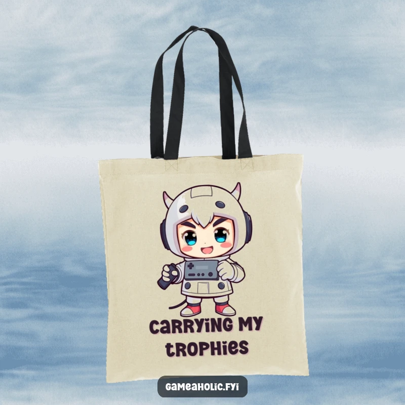 Funny tote bag with a proud character in a victorious pose, holding a game controller.