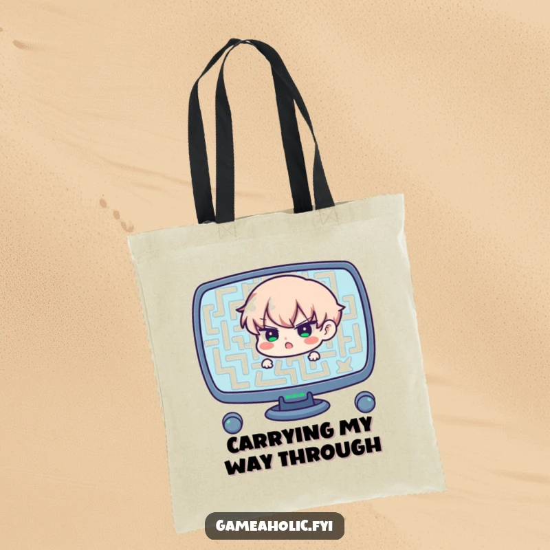 Funny tote bag featuring a determined character navigating a complex maze on a screen, a humorous and practical accessory.