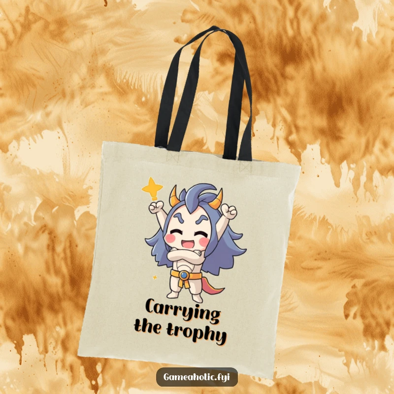 Funny tote bag featuring a character in a triumphant, crossed-arm pose, ready to conquer the day with winning energy.