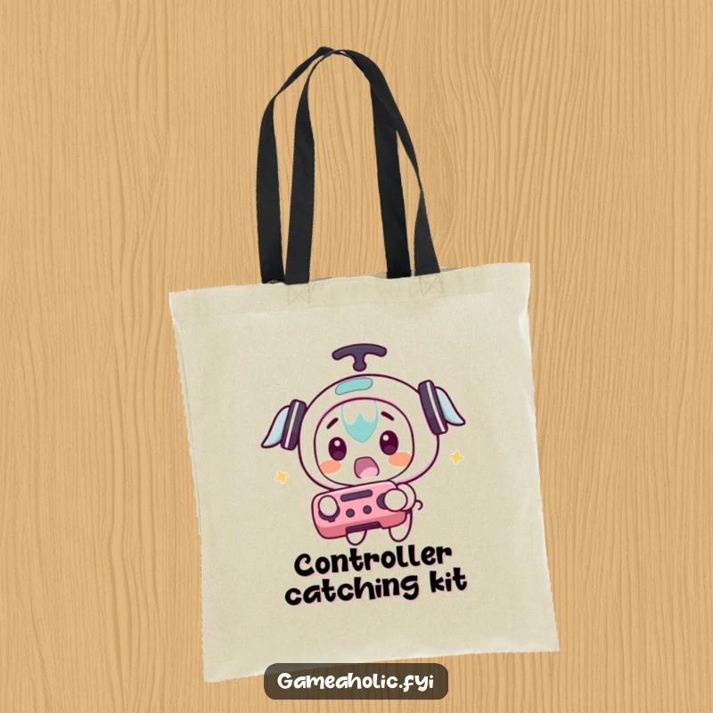 Funny tote bag featuring a character with a surprised expression catching a flying game controller, representing spontaneous gaming action.
