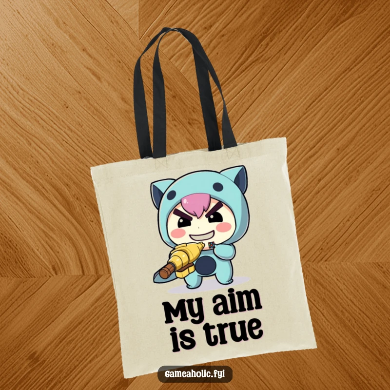 Funny archer tote bag depicting a determined character aiming a small, pixelated target, ideal for carrying essentials.