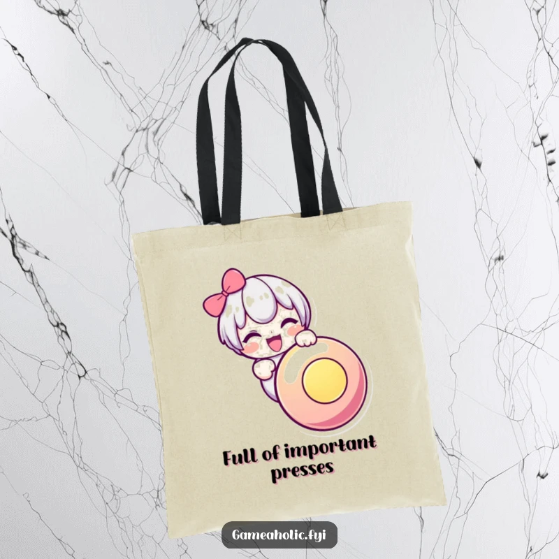 Funny tote bag depicting a cute character enthusiastically mashing a large, glowing button, symbolizing excitement and gamer energy.