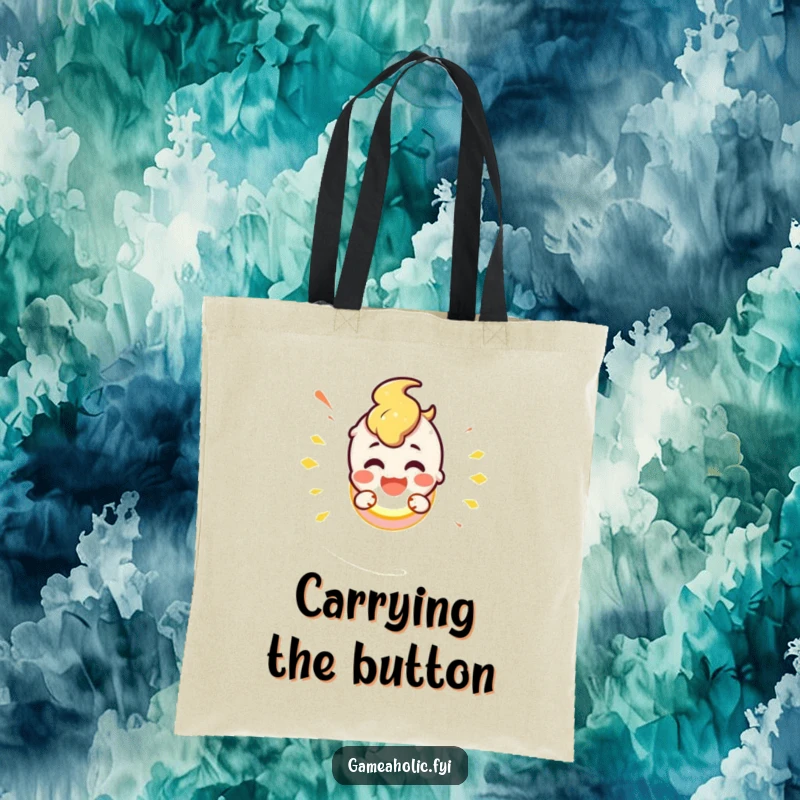 Cute character with a smile smashing a glowing button, symbolizing readiness and excitement, on a durable tote bag.