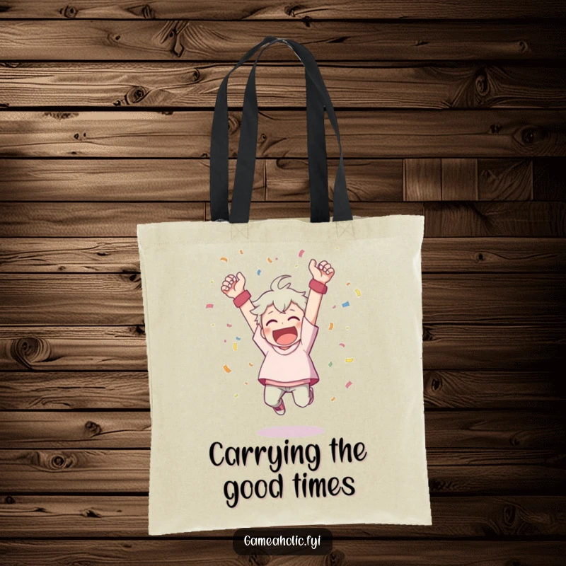 Funny tote bag with a character cheering wildly, throwing confetti, and leaping joyfully from a victory pose.