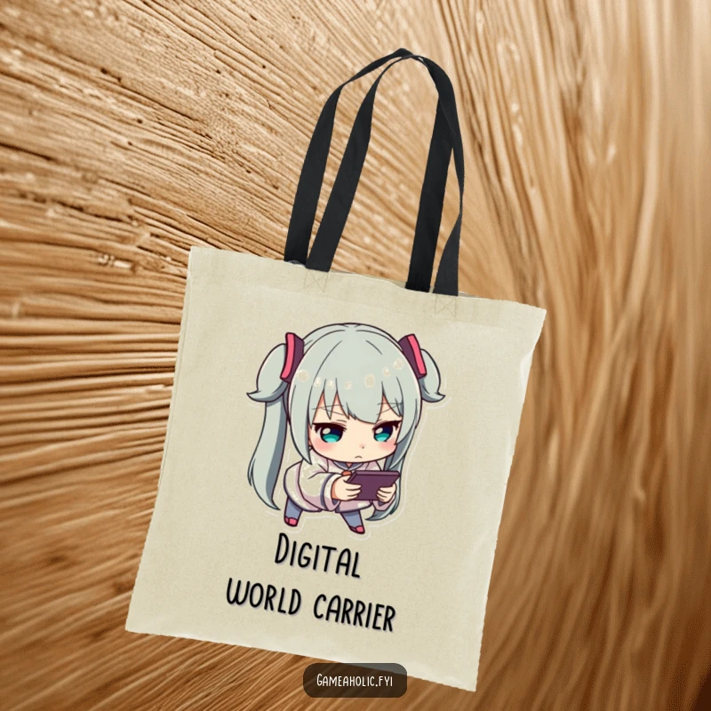 Funny Engrossed Gamer Tote Bag: A tote bag with a character leaning forward intently, absorbed in a handheld game device.