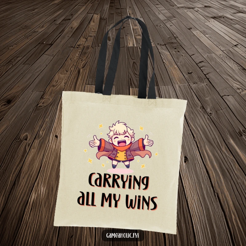 Funny tote bag with a character spinning joyfully with arms outstretched, perfect for carrying gaming gear and fun.