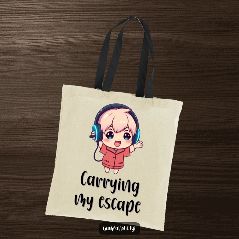Funny tote bag shows an enthusiastic gamer character holding up a glowing gaming headset, ideal for carrying audio equipment and essentials.