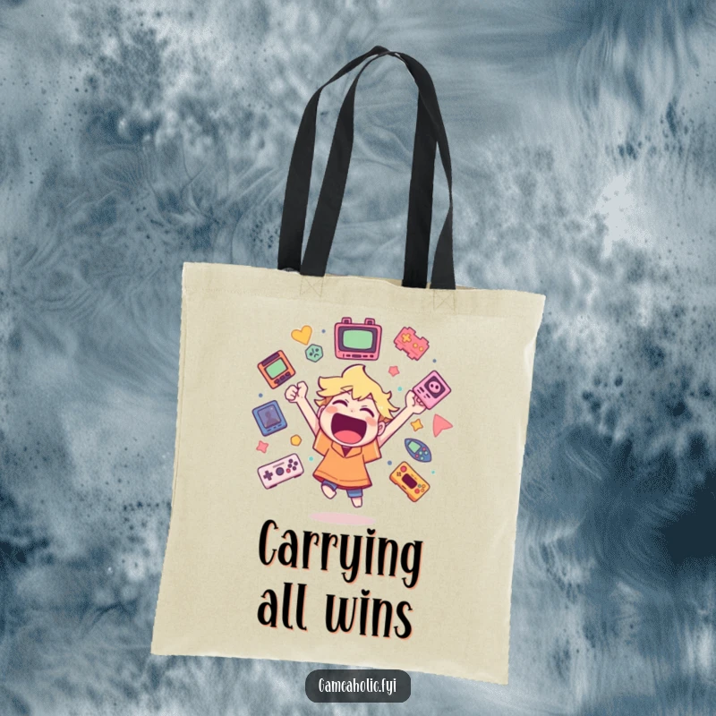 Funny tote bag featuring a character cheering wildly surrounded by floating game icons, perfect for gamers to carry their gear.
