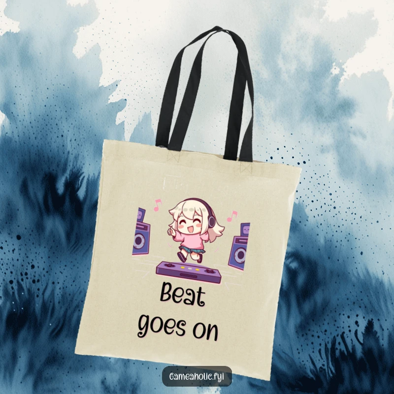 Funny Tote Bag: A character happily taps their foot to an energetic game beat, perfect for carrying essentials with a touch of musical gaming fun.