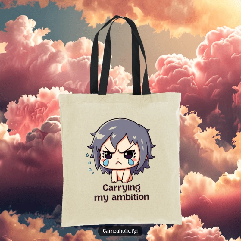 Funny Tote Bag: Playful character intensely focused, sweat flying, ready to carry gaming gear with determination.