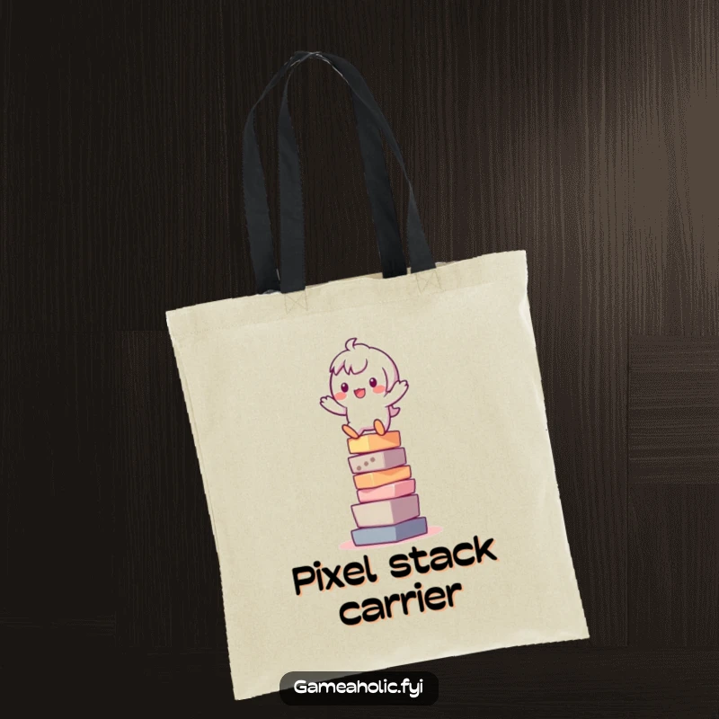 Funny tote bag depicting a playful character wobbling on a stack of colorful pixels, ideal for carrying tech gear.