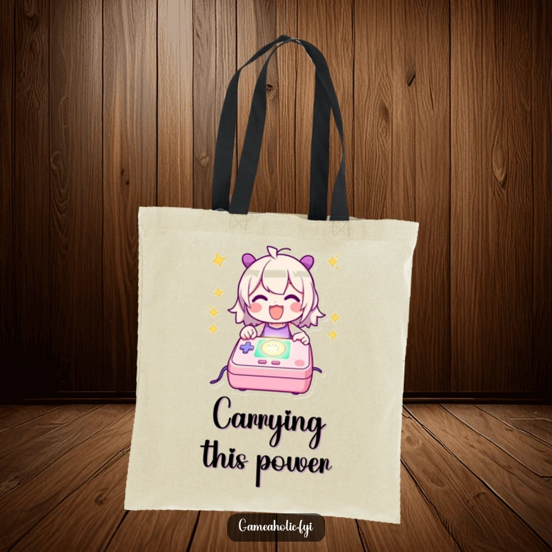 Funny Tote Bag with a character happily powering up a glowing game console, perfect for carrying gaming accessories with flair.