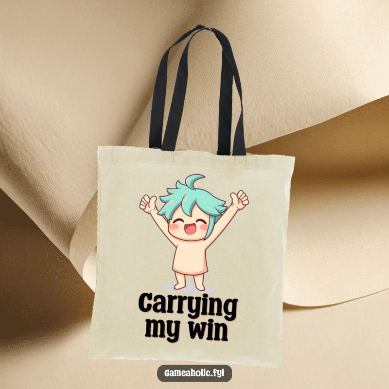 Funny Tote Bag featuring a person doing a joyful victory dance with arms raised high, symbolizing accomplishment and celebration.