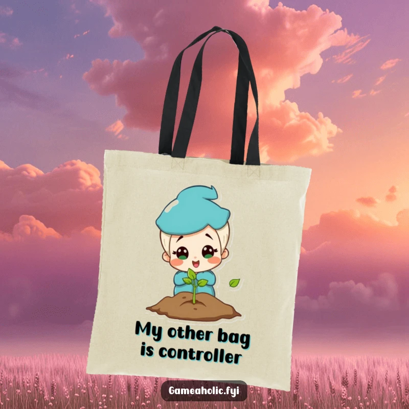 Funny tote bag with a charming character wide-eyed and happy, reacting to a magical, glowing video game screen.