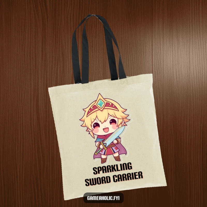 Funny tote bag featuring a proud character holding a tiny, sparkling sword, symbolizing achievement and bravery.