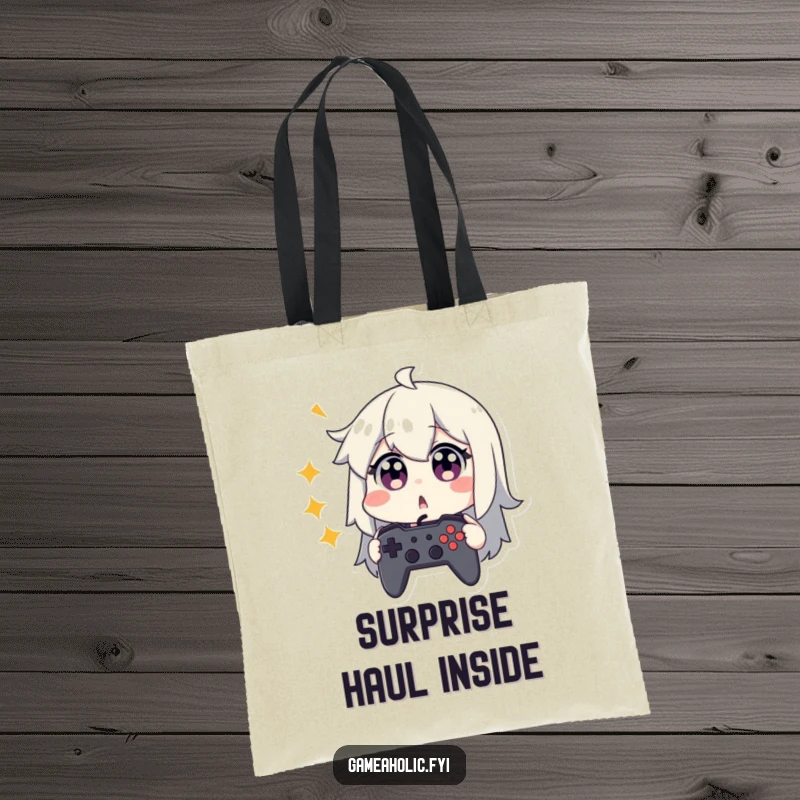 Funny tote bag with a character looking surprised, eyes wide, clutching a game controller.